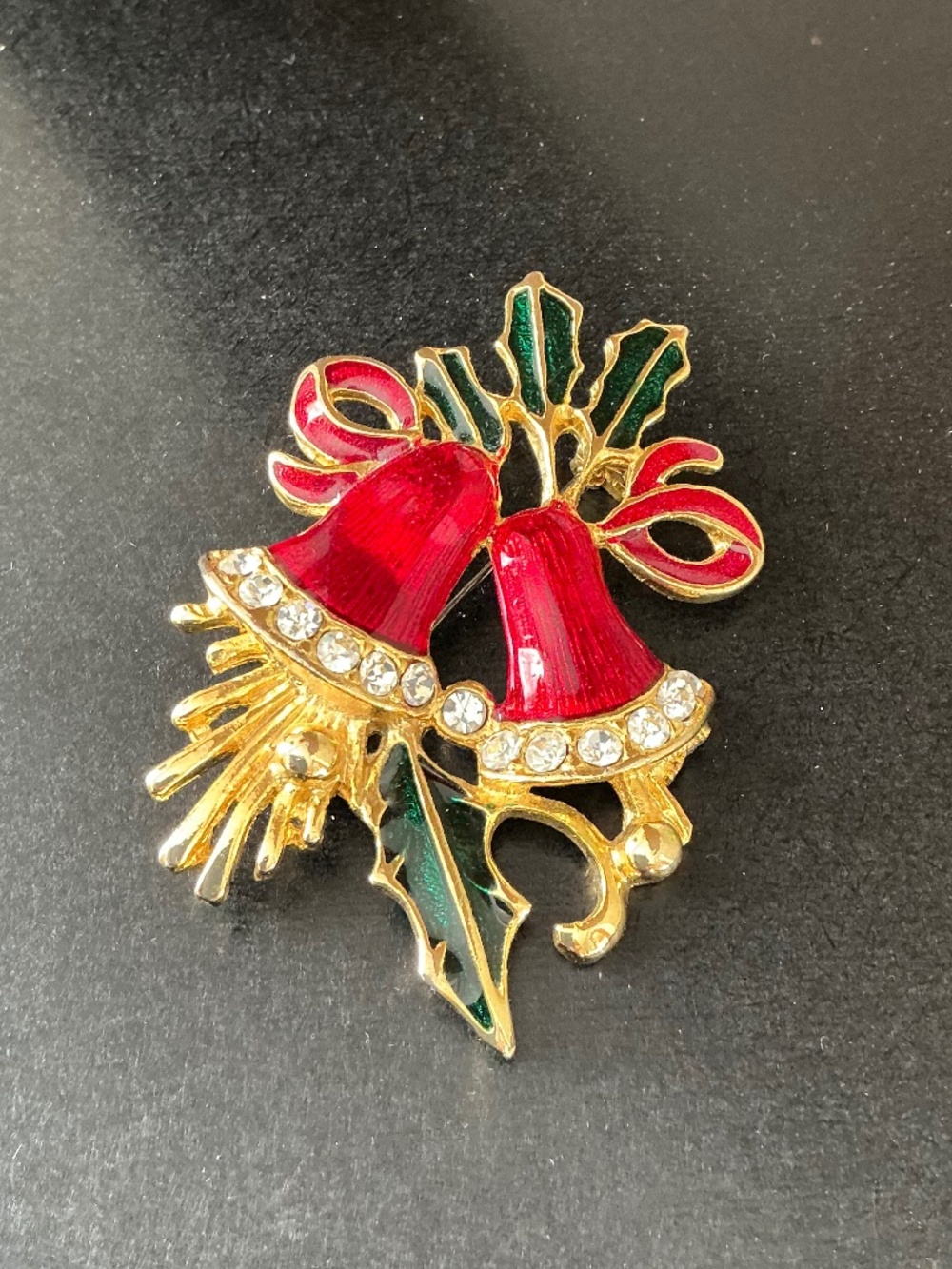 Vintage Bells Enamel Rhinestone Pin Gold Tone Red Holly Holiday Brooch